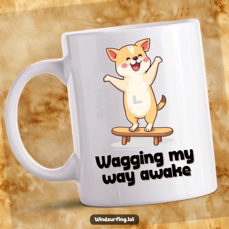 Funny Mug showcasing a happy dog skillfully balancing on a surfboard, tail wagging with pure excitement and canine joy.