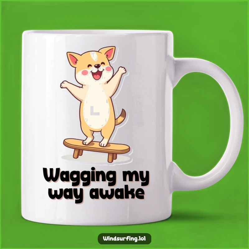 Funny Dancing Dog Surfer Mug: Happy Pooch's Balance Act, Perfect Funny Gift