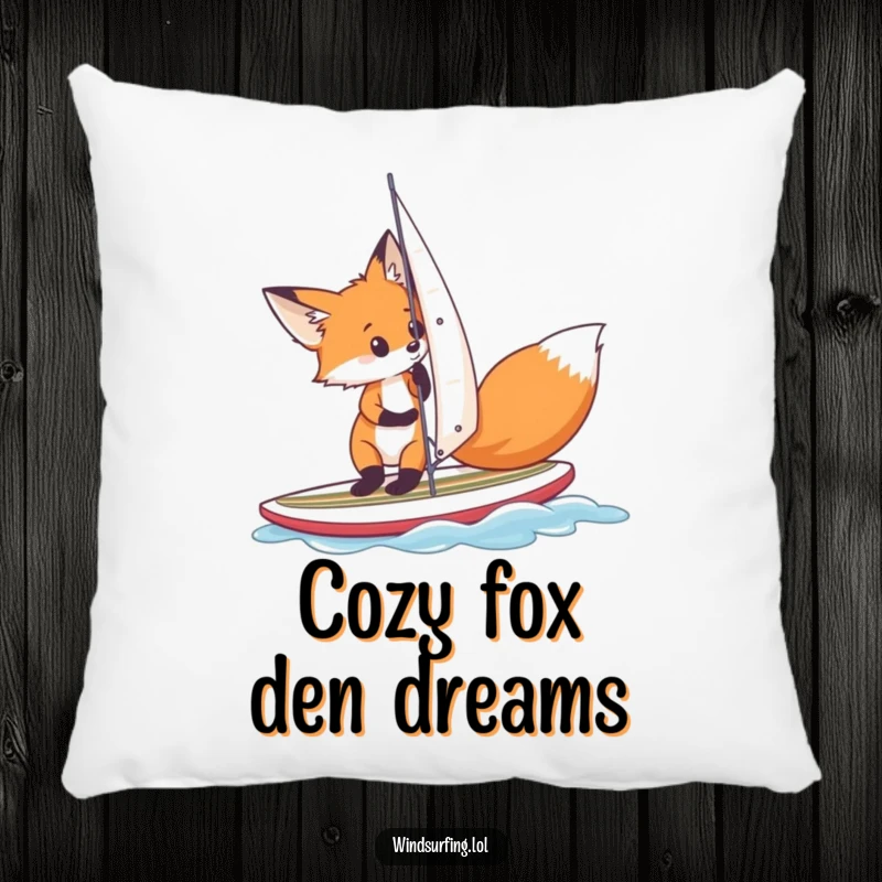 Funny fox adjusting its sail on a small surfboard, depicted on a soft pillow for humorous comfort and quirky decor.