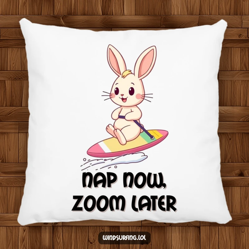 Funny bouncing bunny sailboarding with wind in its ears on a soft pillow, offering comfort and a hint of humor.