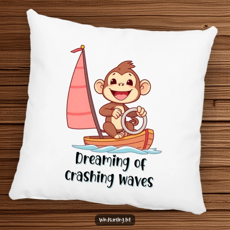 Funny pillow with an excited monkey steering a sailboard with a big smile, offering comfort and a humorous, adventurous vibe.
