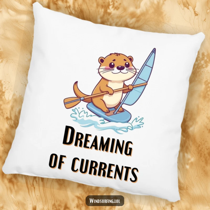 Funny Pillow: An otter steers a windsurfing board with a paddle, offering funny, plush comfort and skill.