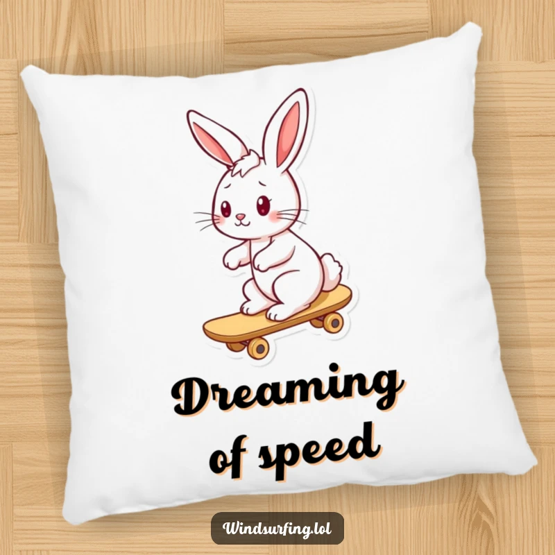 Funny bunny pillow featuring a playful bunny with ears back from the wind while riding a board, bringing comfort and fun.