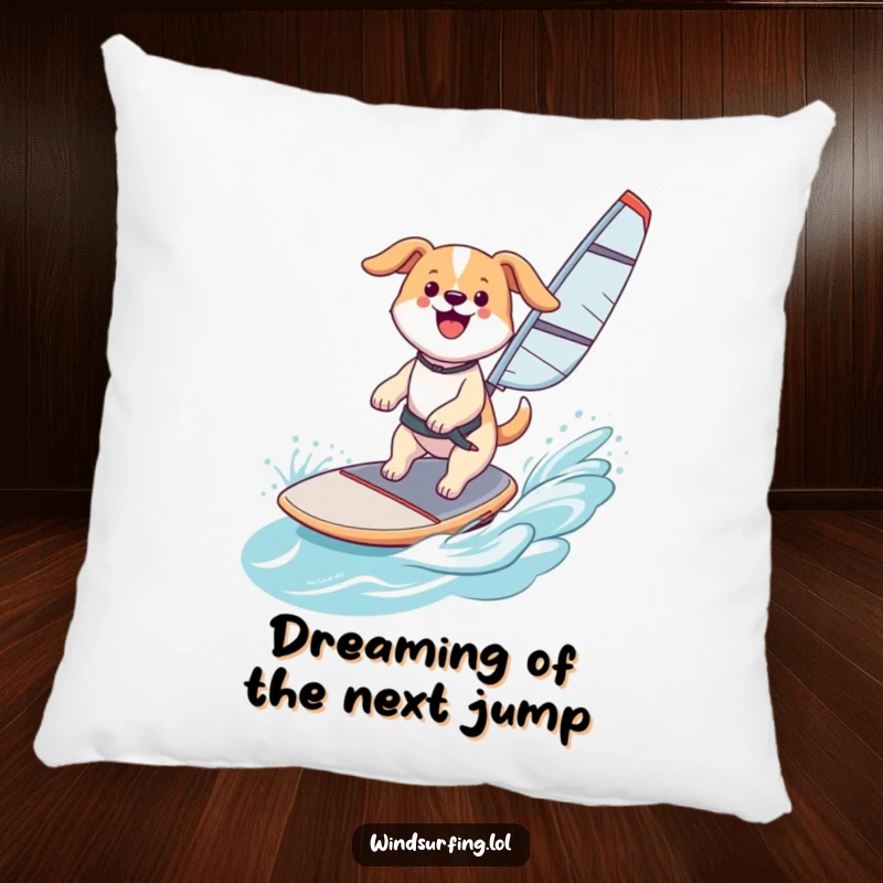 Funny Pillow: A happy dog windsurfing, catching air with a smile, offering comfort and pure happiness, an adorable funny gift.