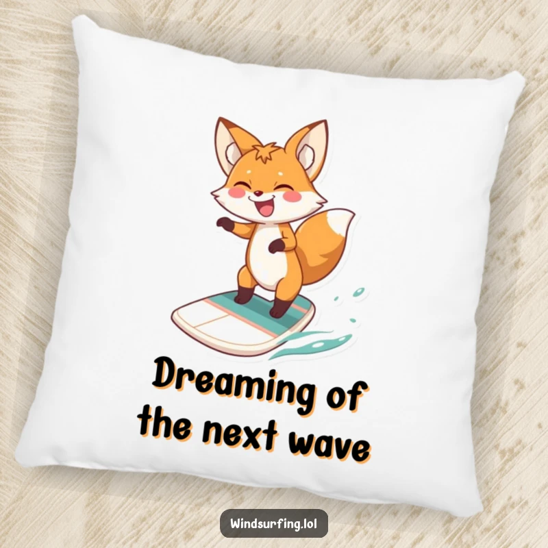 Funny fox windsurfing pillow, a cheerful fox catching air while windsurfing, bringing playful energy and humor to home decor, great gift.