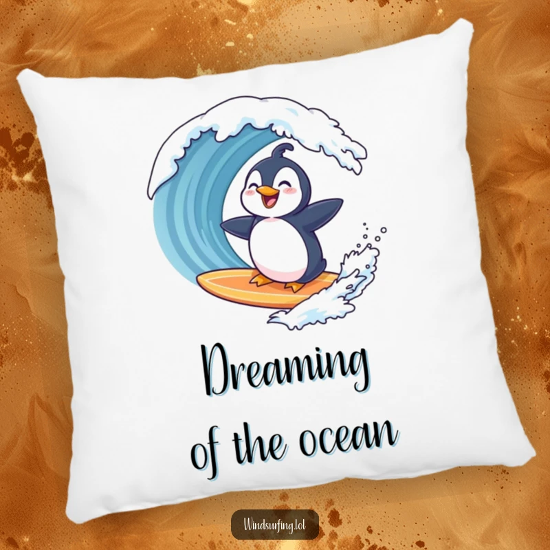 Funny penguin laughing while surfing on a surfboard as a wave approaches, depicted on a soft pillow for humorous comfort.