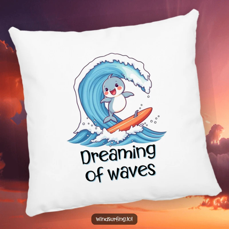 Funny pillow featuring a joyful dolphin surfing a massive wave on a board, bringing a cozy touch of the ocean indoors.