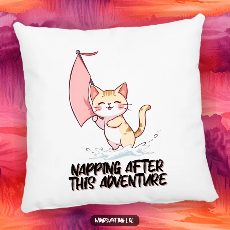 Funny pillow featuring a cat sailing with a sail illuminated by wind, offering both comfort and a cheerful, humorous vibe.