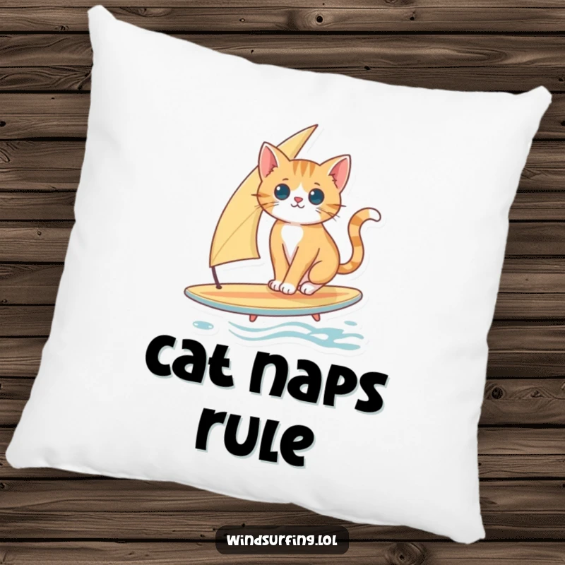 Funny Cat Surfing Pillow: A curious cat balances on a surfboard with a sail, a cozy and humorous accent.