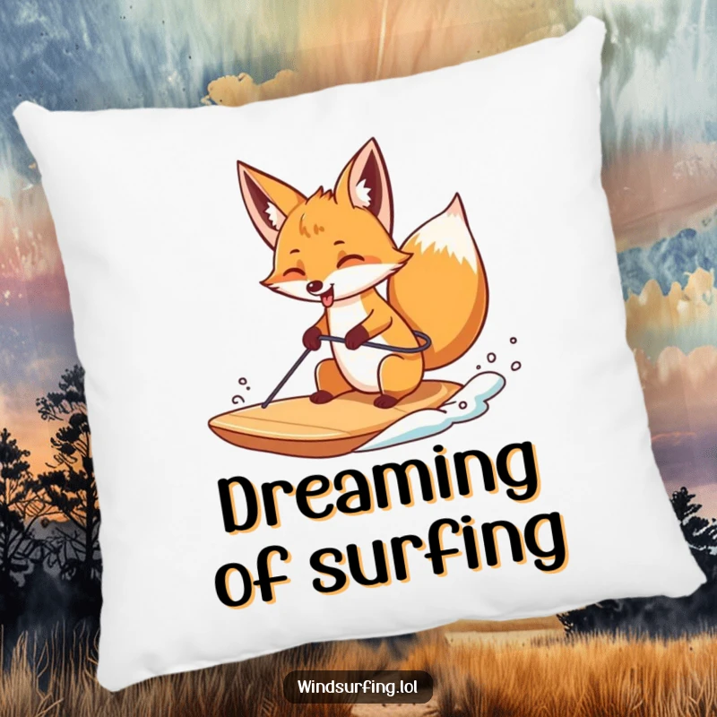 Funny pillow showcasing a curious fox windsurfing with its tongue out, adding comfort and humorous, adventurous flair.