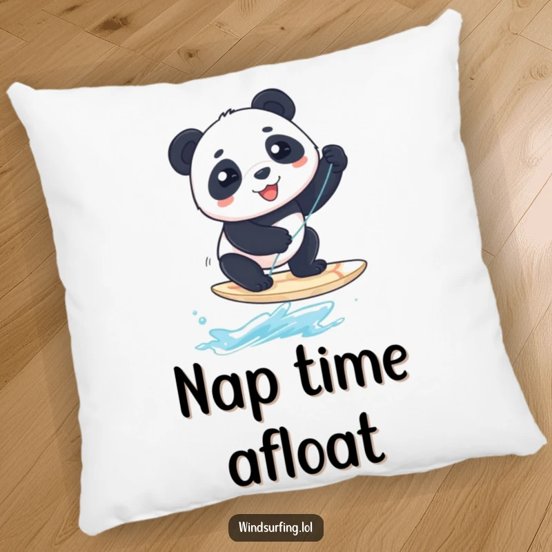 Funny Pillow: A panda balances on a windsurfing board, offering funny, plush comfort and a guaranteed smile.