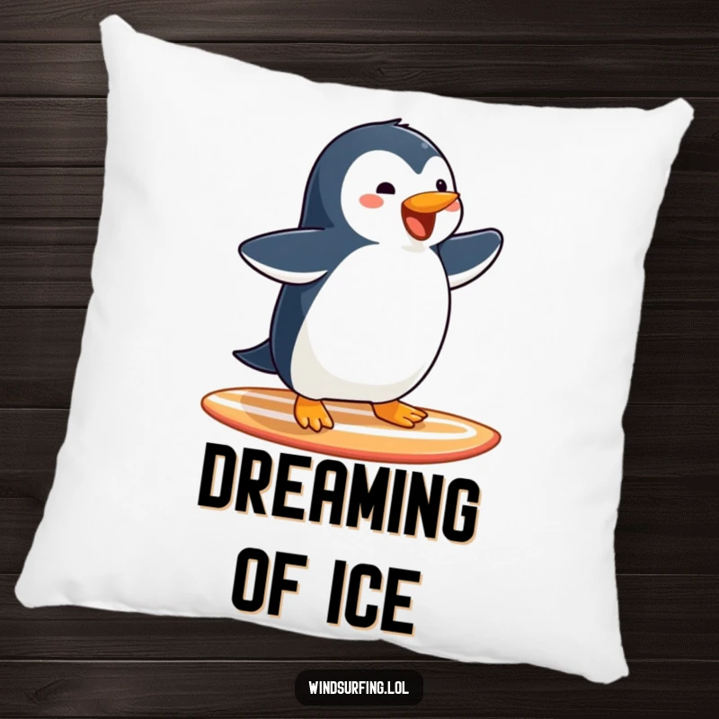 Funny Penguin Surfing Pillow: A joyful penguin surfs with arms open, a cozy and humorous addition.