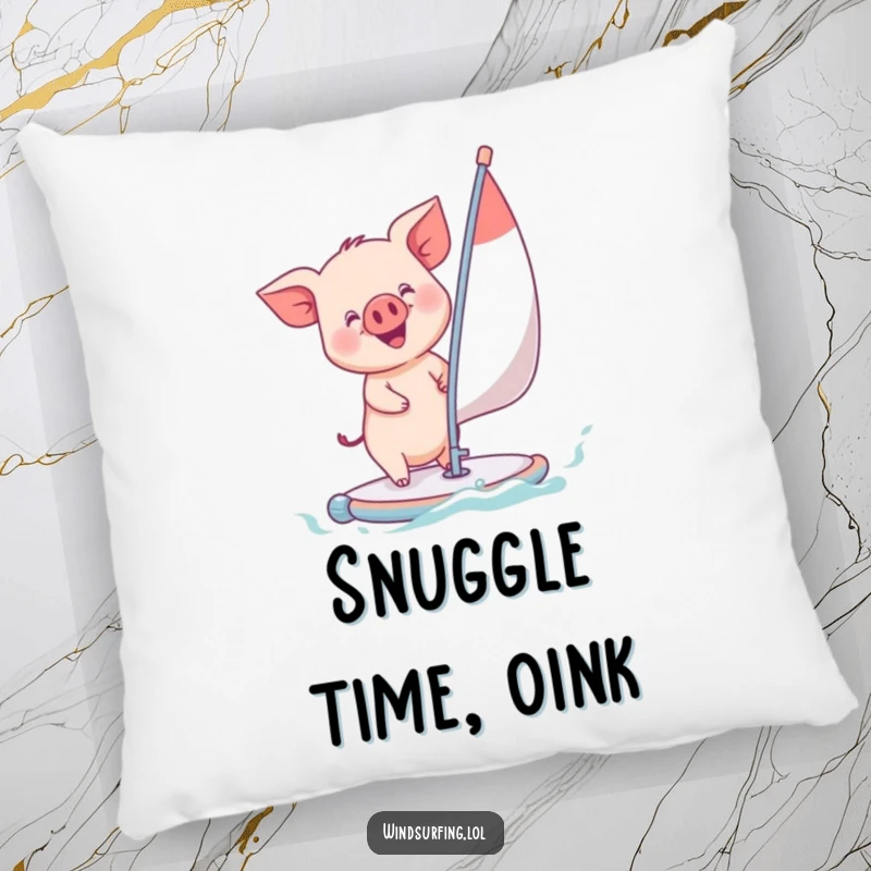 Funny piglet windsurfing with a happy grin, depicted on a soft pillow, offering cuddly humor and charming comfort.