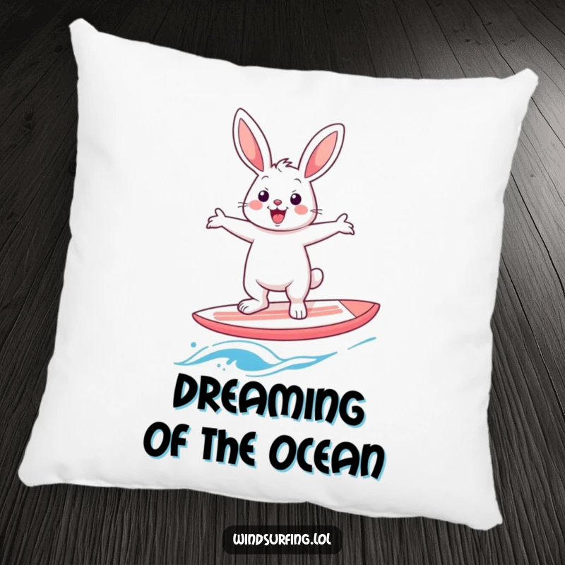 Funny rabbit windsurfer pillow, a cheerful hare humorously balancing on a windsurf board, arms outstretched, for ultimate comfort and laughs.