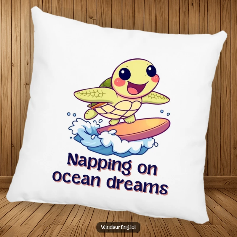 Funny pillow featuring a joyful sea turtle surfing a small wave with delight. Comfortable and humorous beach decor.