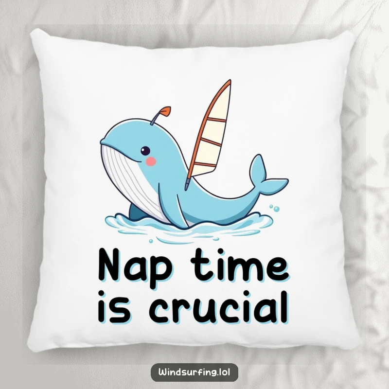 Funny whale spouting water, launching a windsurfing board, soft cartoon pillow design, playful ocean theme.