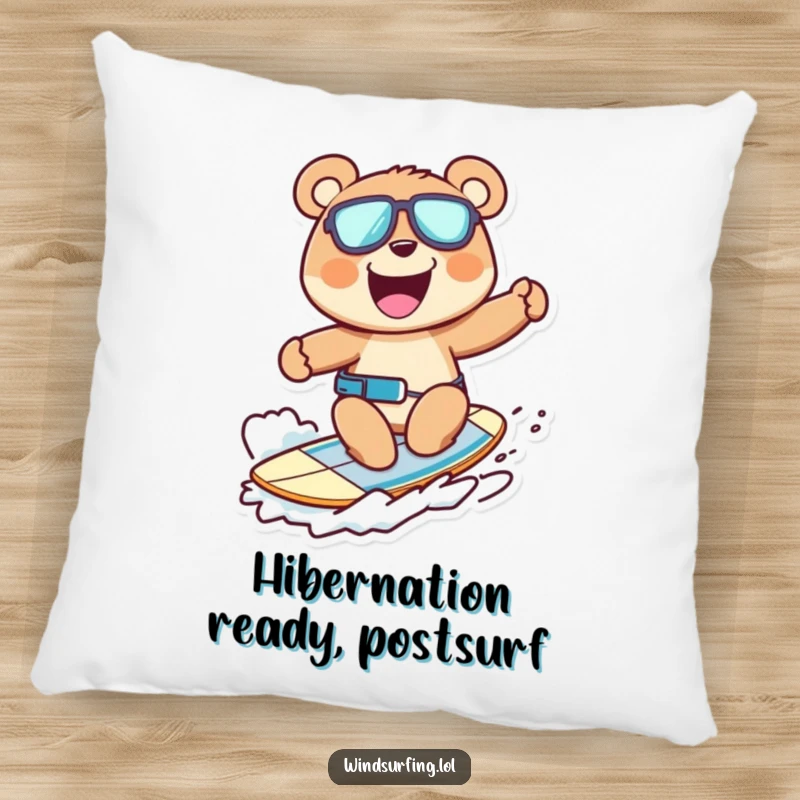 Funny pillow with a cheerful bear windsurfing, grinning widely, adding comfort and a touch of ursine humor.