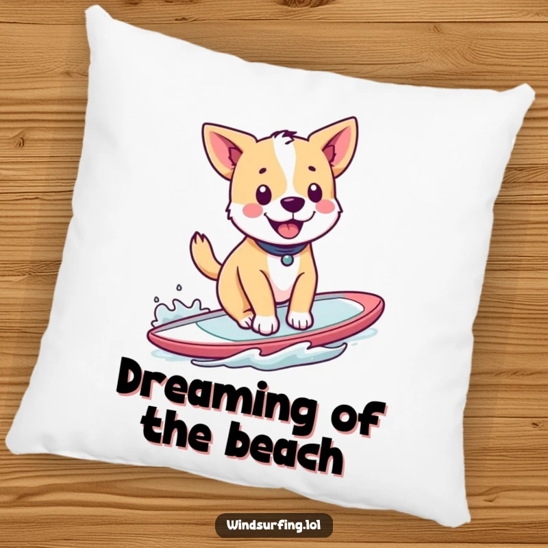 Funny pillow with a happy dog windsurfing, tail wagging, adding comfort and a touch of canine humor.