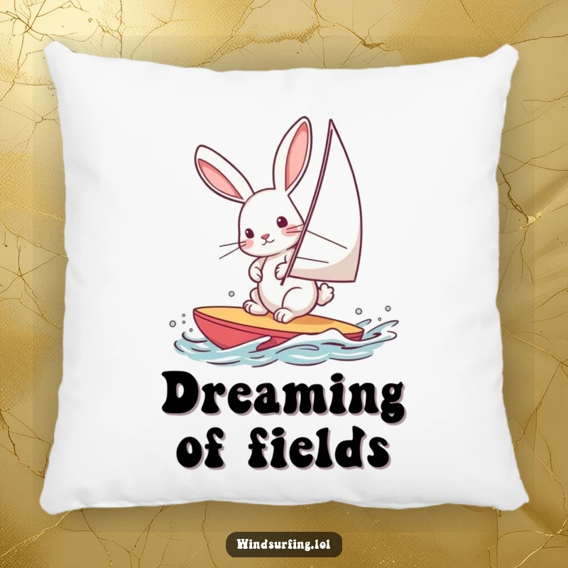 Funny pillow with a curious rabbit windsurfing, leaning into the wind, adding comfort and a touch of hare humor.
