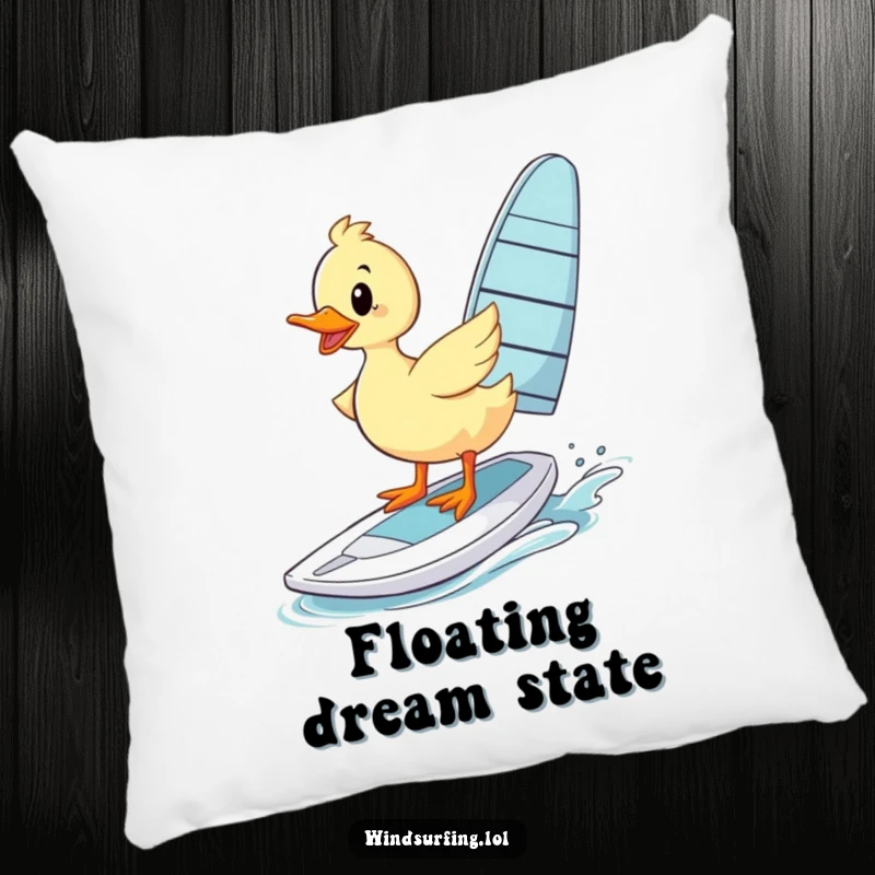 Funny Pillow: A duck wobbles on a windsurfing board, offering funny, plush comfort and a guaranteed smile.