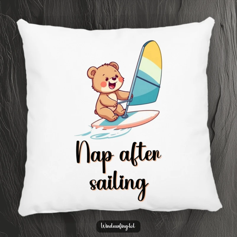 Funny pillow with a bear cub windsurfing, offering comfort and a playful, adventurous spirit for any room.