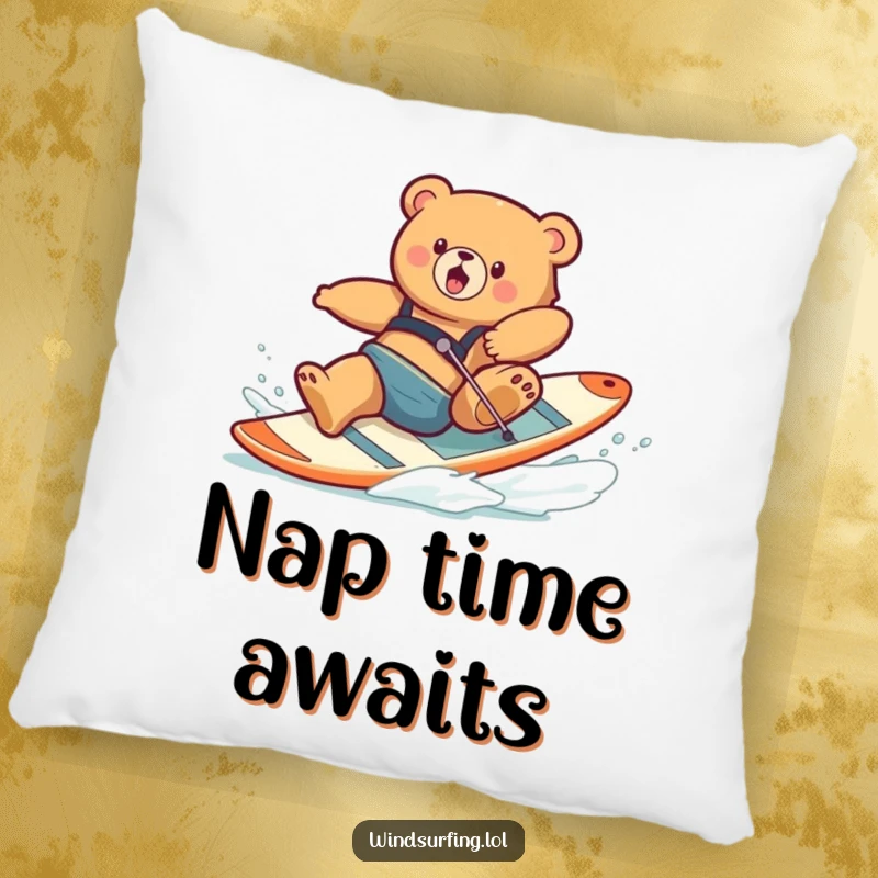 Funny pillow featuring a clumsy bear tumbling comically from a windsurfing board, designed for maximum humorous impact.
