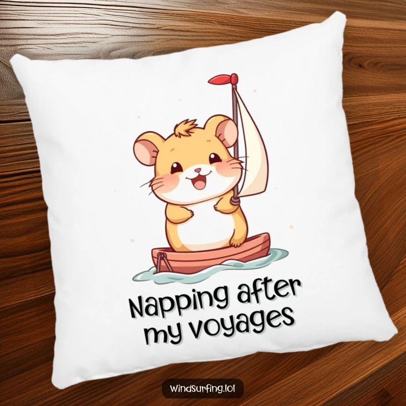 Funny Pillow: Smiling hamster propels itself with a miniature sail, adding a touch of whimsical humor and motivation to decor.