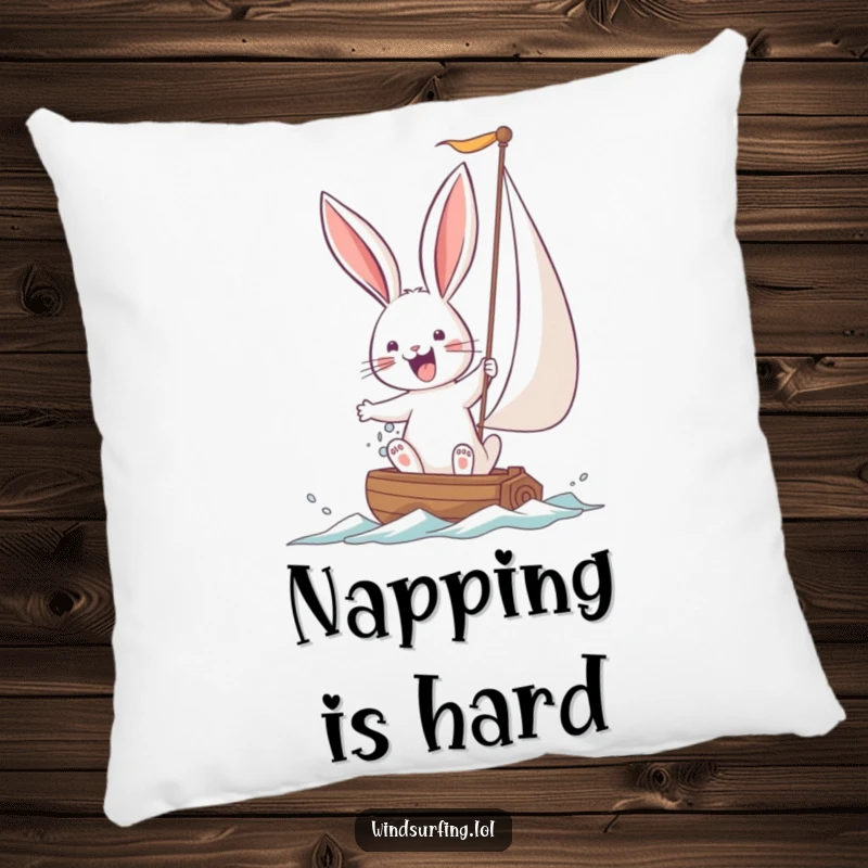 Funny Bunny Pillow featuring a joyful bunny struggling with a large sail. A comfortable and humorous decorative accent for any room.