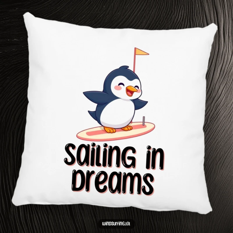 Funny pillow featuring a giggling penguin effortlessly gliding on a sailboard, offering a soft and playful touch of the arctic.