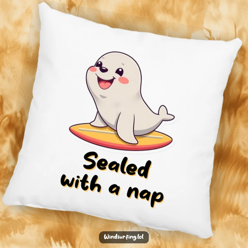 Funny pillow depicting a happy seal with a huge smile riding a surfboard, offering comfort and a dose of aquatic charm.