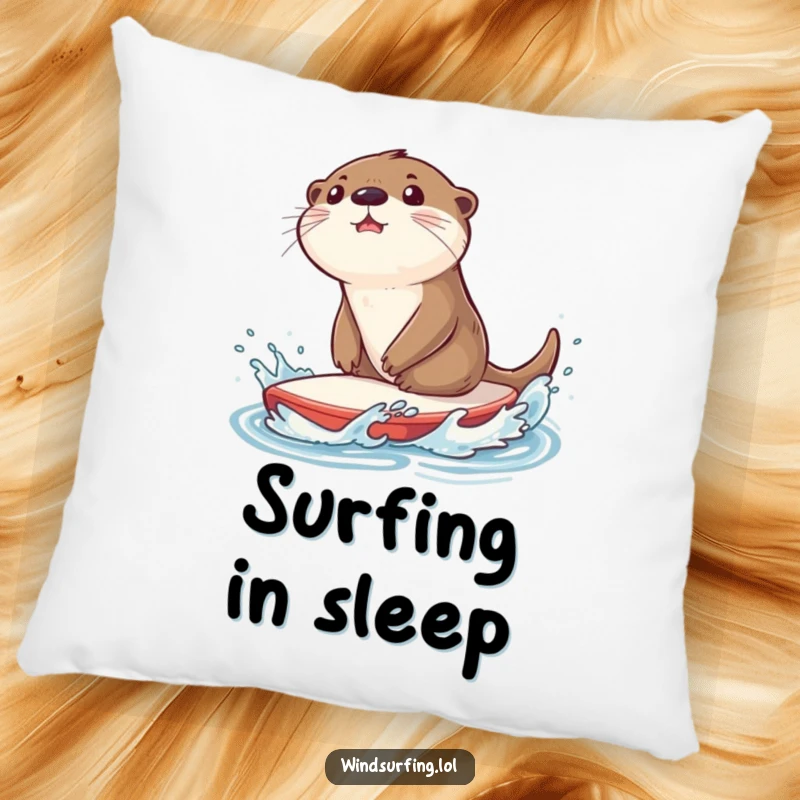 Funny pillow featuring a surprised otter splashing water while riding a sailboard, offering a soft and playful touch of aquatic fun.