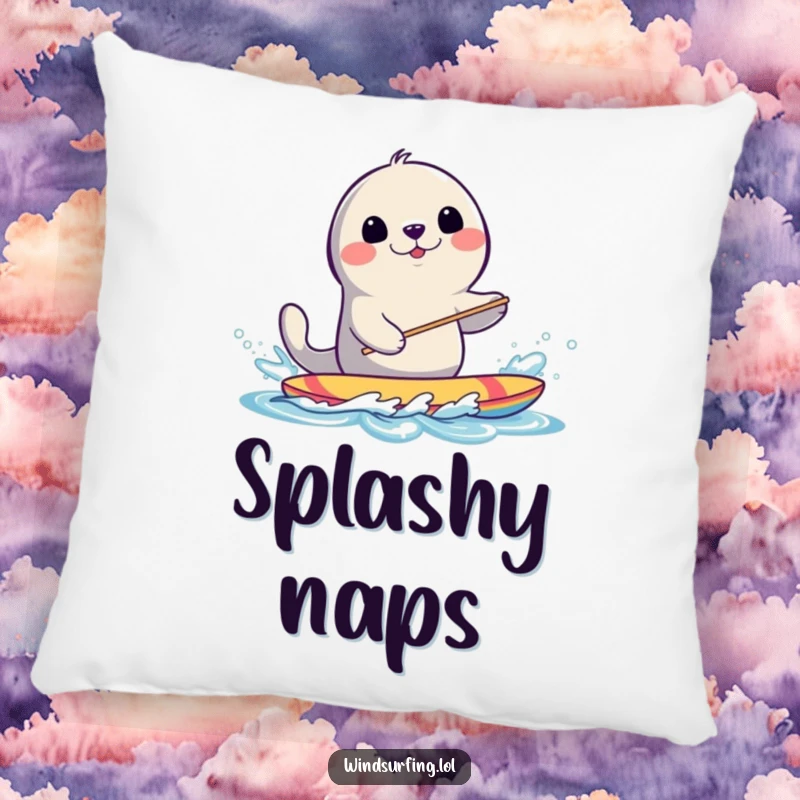 Funny Seal Windsurfing Pillow: A smiling seal splashes water while windsurfing, a cozy and humorous addition.