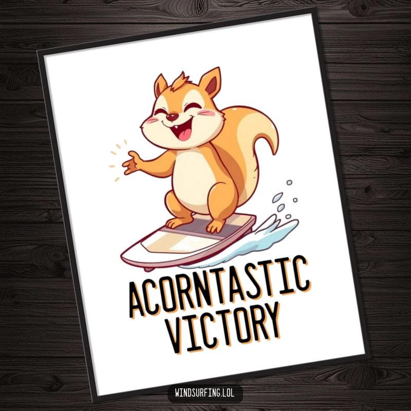 Funny Digital Art: A giggling squirrel strikes a triumphant pose on a windsurfing board, a humorous and joyful piece.