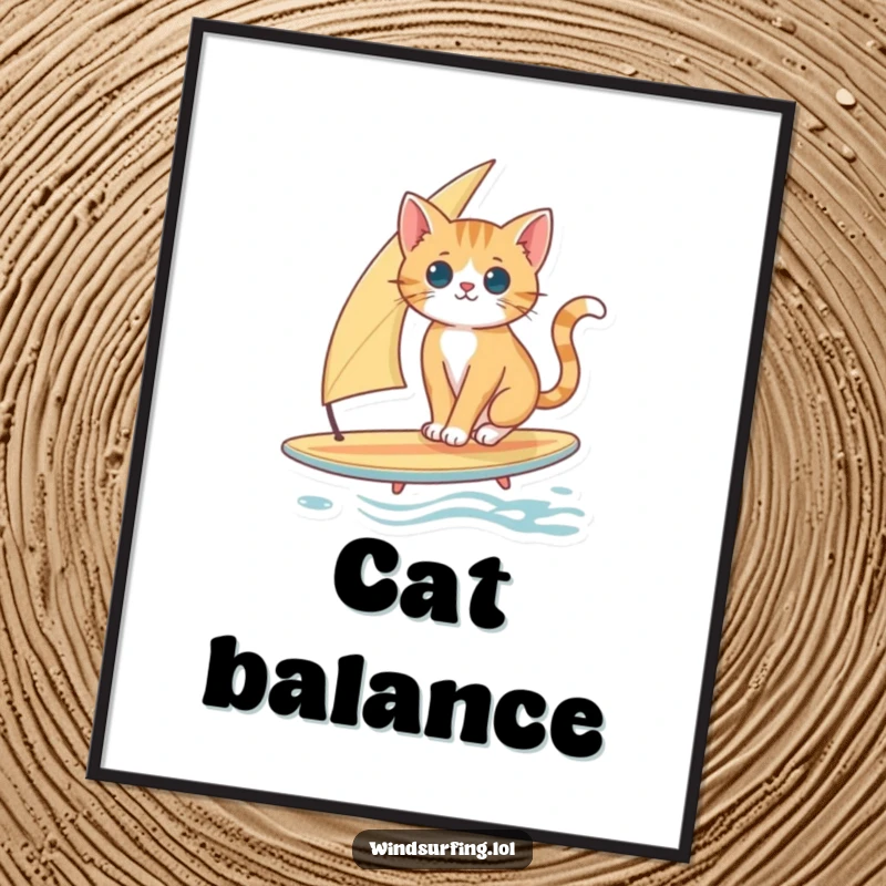 Funny Cat Surfing Digital Art Print: A curious cat balances on a surfboard with a sail, full of feline grace.