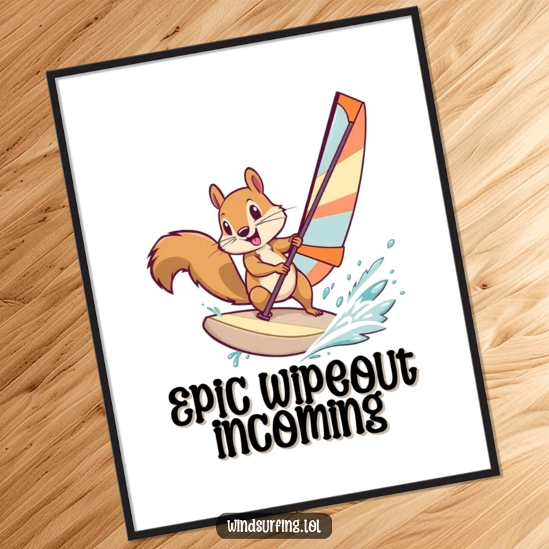 Funny squirrel windsurfing with incredible style and determination, presented as a digital art print for vibrant, humorous wall decor.