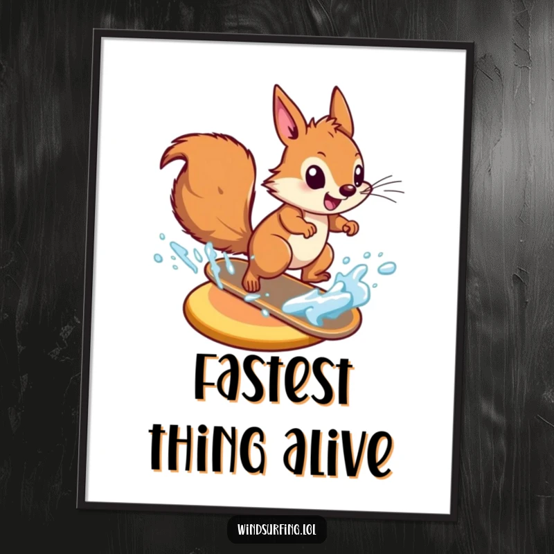 Funny energetic squirrel zooming across water on a board, offered as an instant digital art print for action-packed decor.