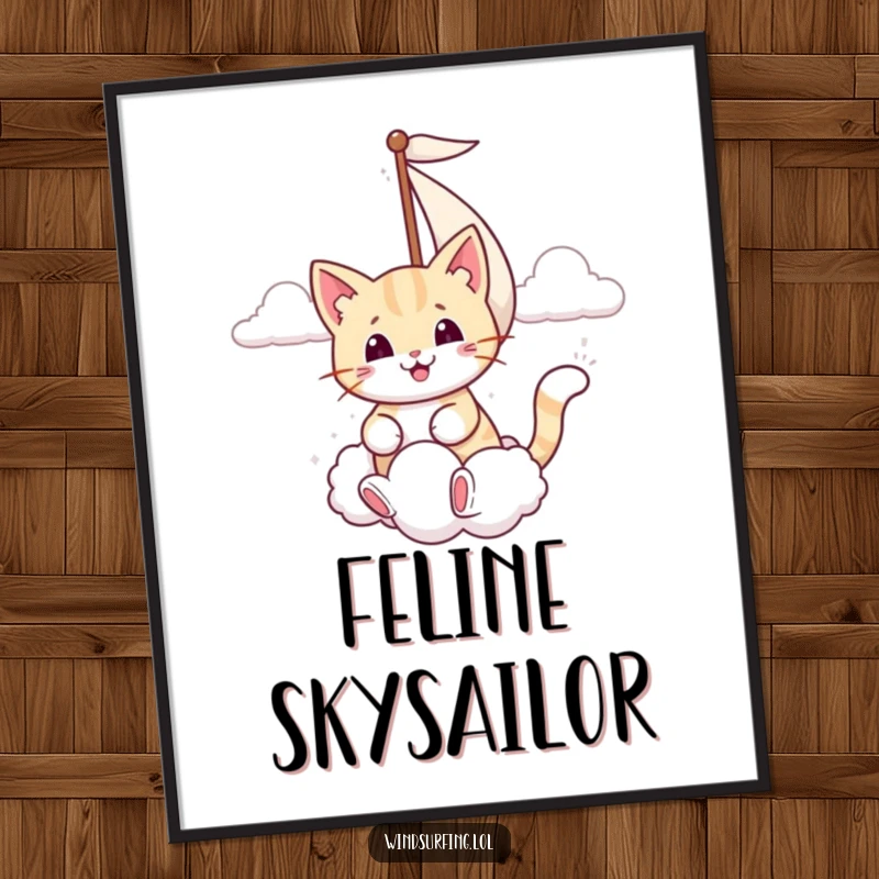 Funny digital art print of a smiling cat sailing with its sail, playfully catching a puffy cloud, capturing whimsy.