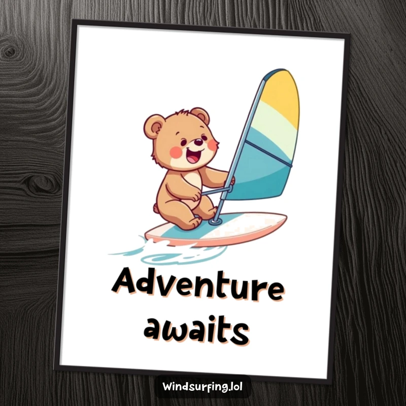 Funny digital art print of a bear cub joyfully windsurfing, symbolizing excitement and bringing instant adventurous flair.