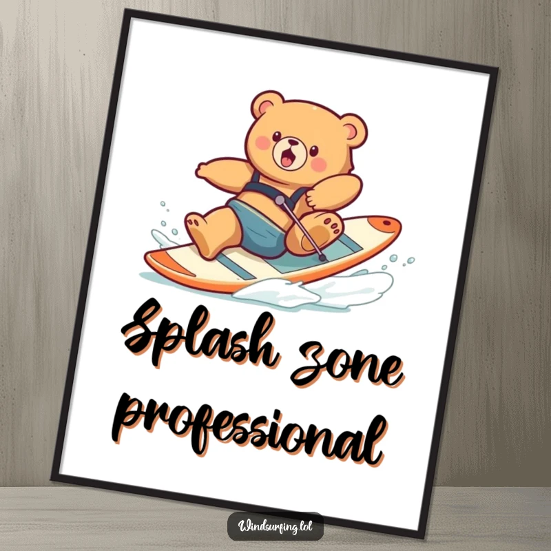 Funny digital art print of a clumsy bear falling spectacularly off a windsurfing board, perfect for humorous home decor.