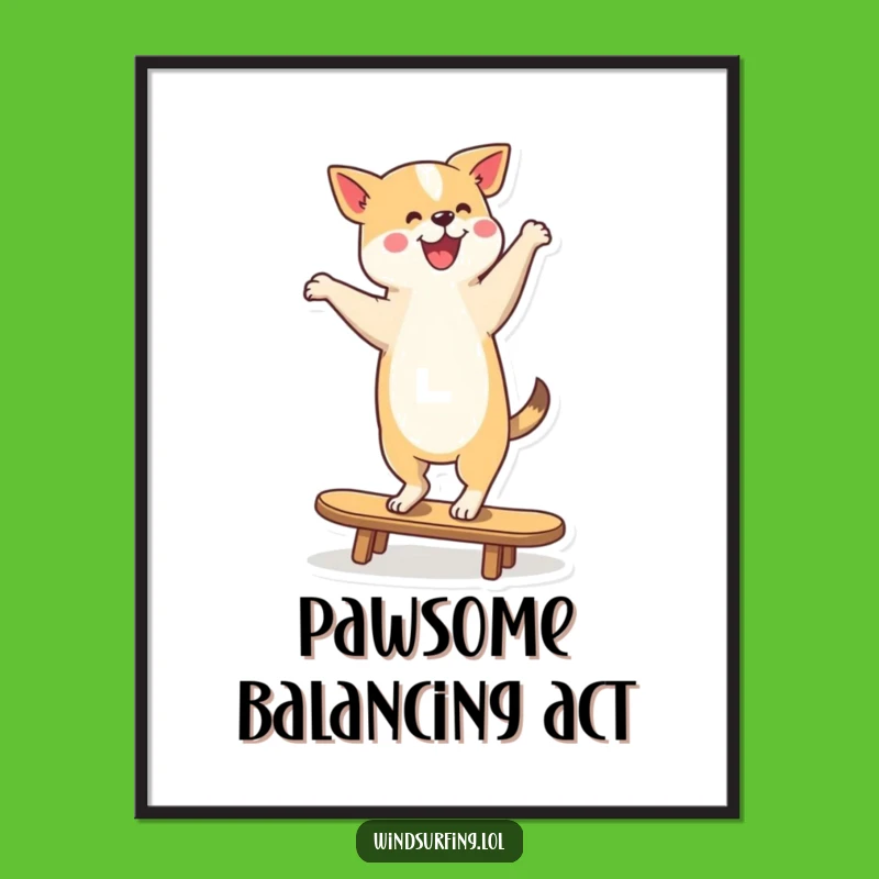 Funny Dancing Dog Surfer Digital Print: Pooch's Balanced Art, Instant Funny Gift