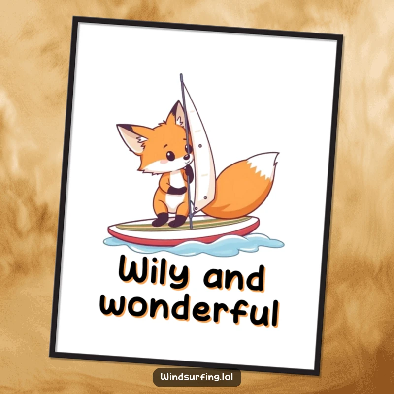 Funny, curious fox meticulously adjusting its sail on a small surfboard, captured in a high-resolution digital art print radiating humorous ingenuity.