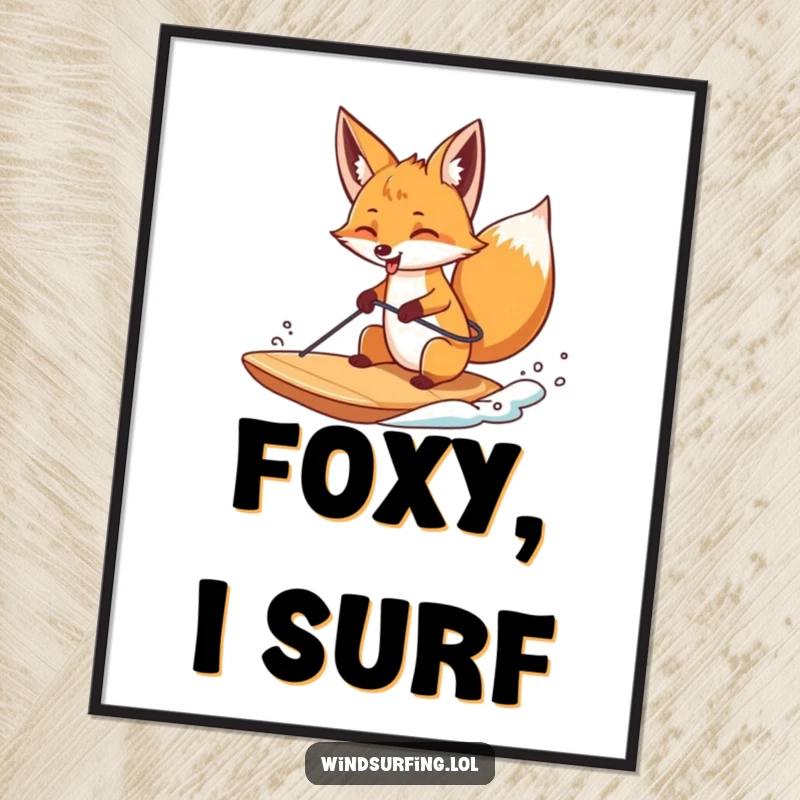Funny digital art print of a curious fox windsurfing with its tongue sticking out, capturing playful energy and humor.