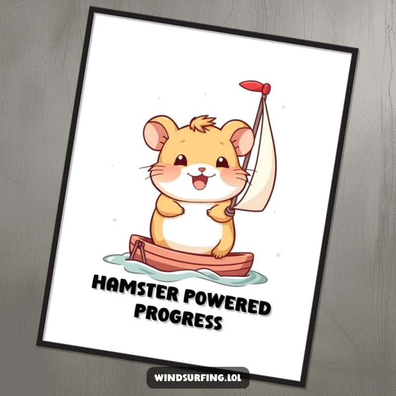 Funny Digital Art: Smiling hamster propels itself with a miniature sail, a humorous and motivational image for decor.