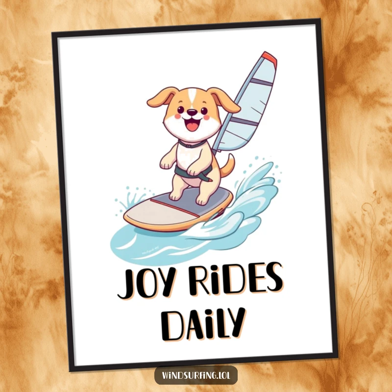 Funny Digital Art: A happy dog windsurfing, catching air with a smile, bringing instant joy and canine fun, a downloadable funny gift.