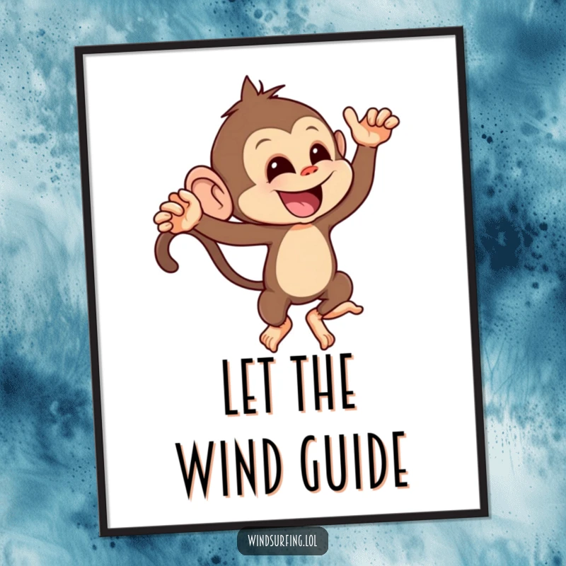 Funny digital art print of a mischievous monkey playfully leaning into a strong gust of wind, capturing spirited fun.