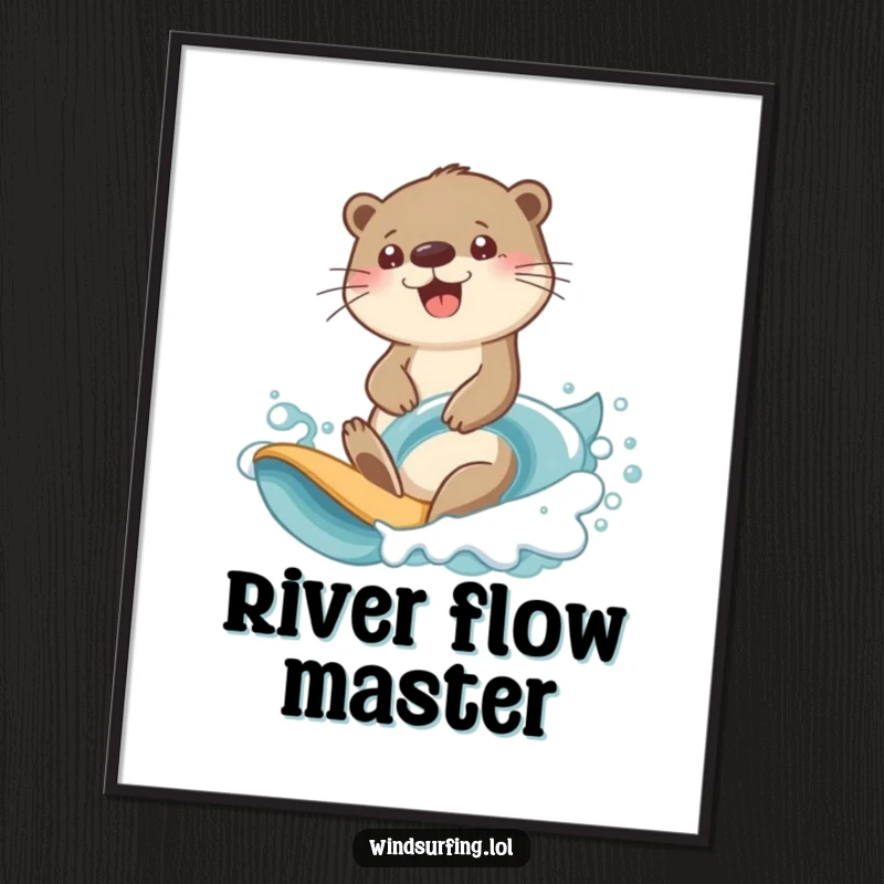 Funny otter surfing digital art print of a cheerful otter determinedly riding a large ocean wave.