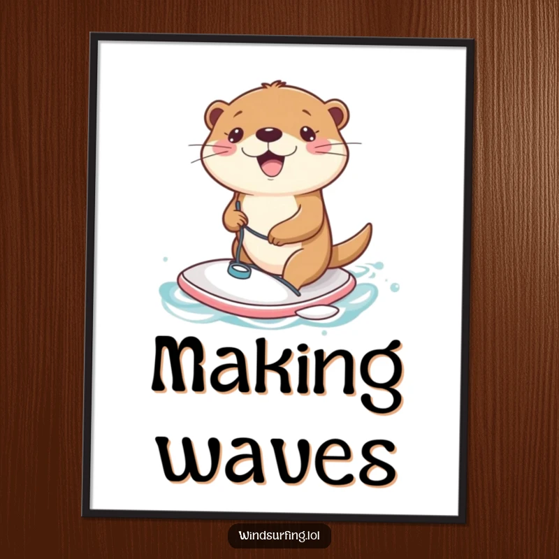 Funny Digital Art Print: A joyful otter gleefully windsurfing on a tiny board, capturing pure aquatic bliss.