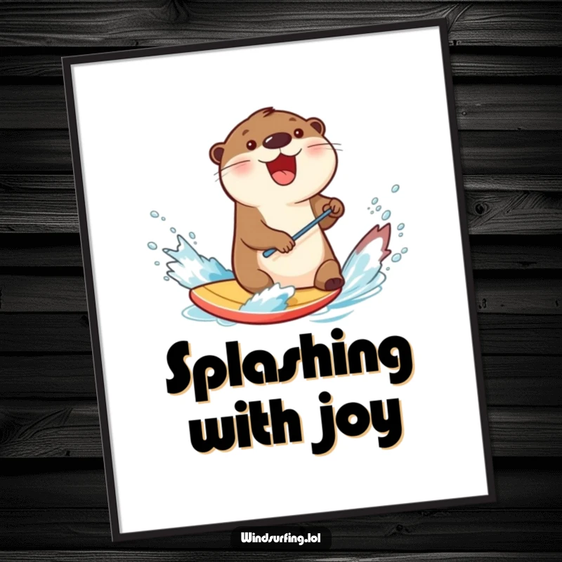 Funny otter splashing water while windsurfing on a board, captured in a high-resolution digital art print radiating humorous joy and energy.