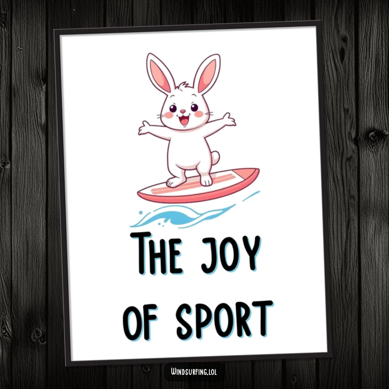 Funny rabbit windsurfer digital art print, a cheerful hare balancing arms outstretched on a windsurf board, bringing instant humor and personality.