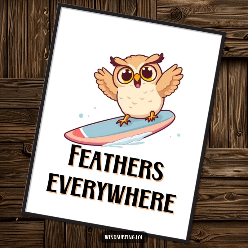 Funny owl digital art print of a surprised owl falling off a windsurf board, perfect for humorous and instant decor.